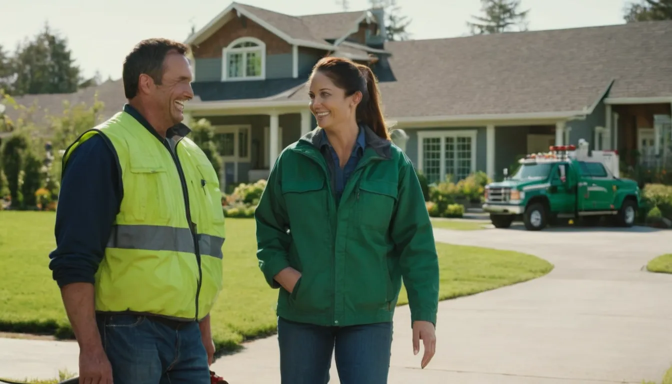 A homeowner talking with a septic provider beside a tank lid in a yard in Andover